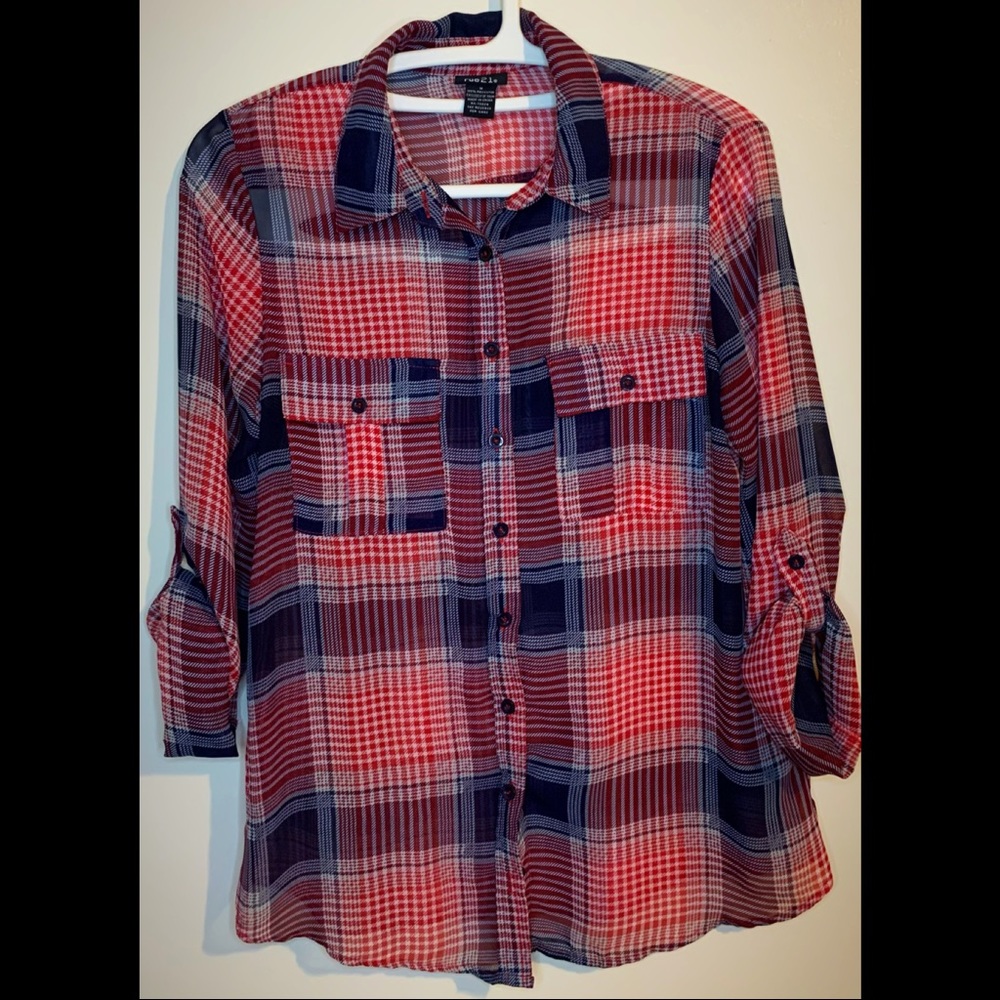 Plaid Button Front Long Sleeve 2 Pocket Shirt Blouse